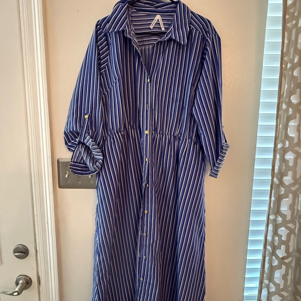Elegant Blue Striped Long Sleeve Dress